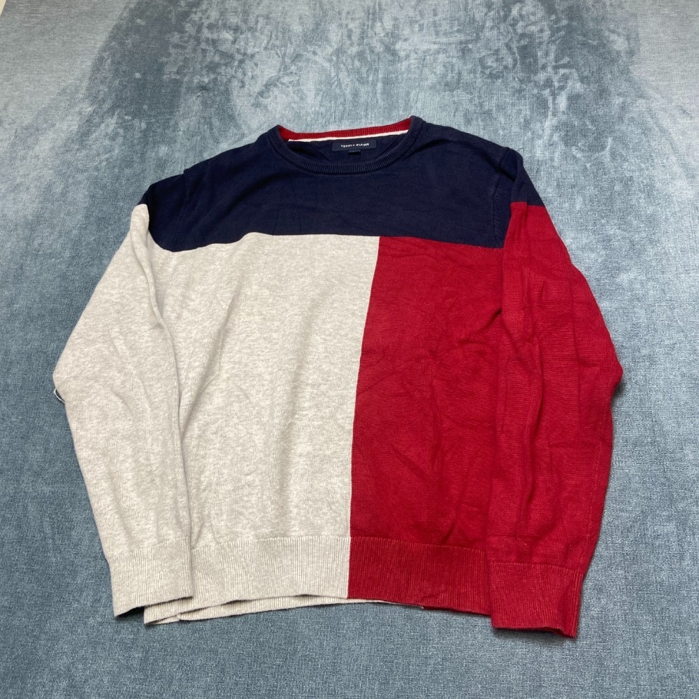Tommy Hilfiger Sweater Mens Large Multicolor Colorblock Tight Knit Ribbed Hem